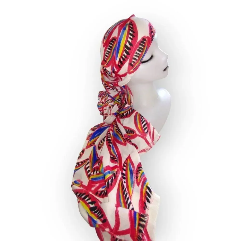 J Crew Abstract Print Red‎ Blue Rectangle Scarf Leafs Floral Sarape Wrap Scarf